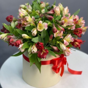 Композиция в шляпной коробке из 21 альстромерии в Зарайске