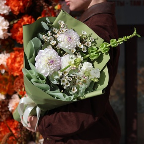 Букет "Ольга" из георгин, молюцеллы, эустом, хамелациума и орнитогалума в Зарайске