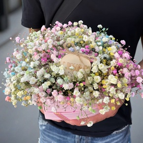 Композиция в коробке сердца из радужных гипсофил с топпером в Зарайске