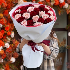 Букет "Сокровенное желание" из 25 пудровых и красных роз Эквадор (60 см) в Зарайске