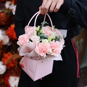 Стильная композиция в сумочке из диантусов, эвкалипта и эустом в Зарайске